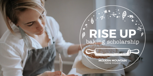 Rise Up Baking Scholarship applicant decorating a cake with logo overlay