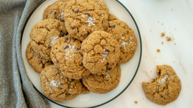 A plate of KAMUT flour chocolate chip cookies sprinkled with sea salt