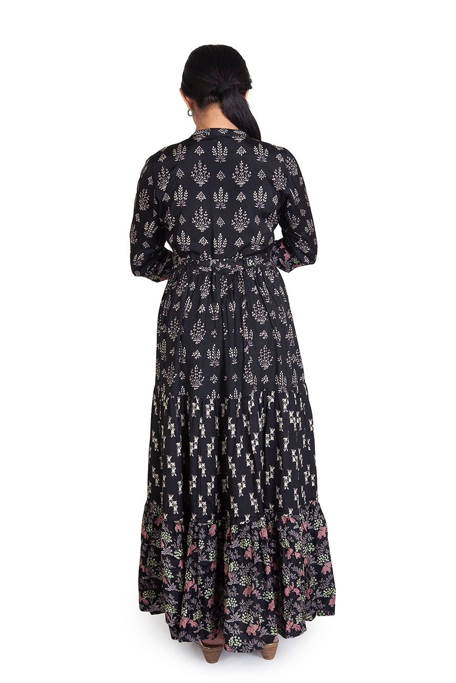 Black Floral Print On Rayon Maxi Dress