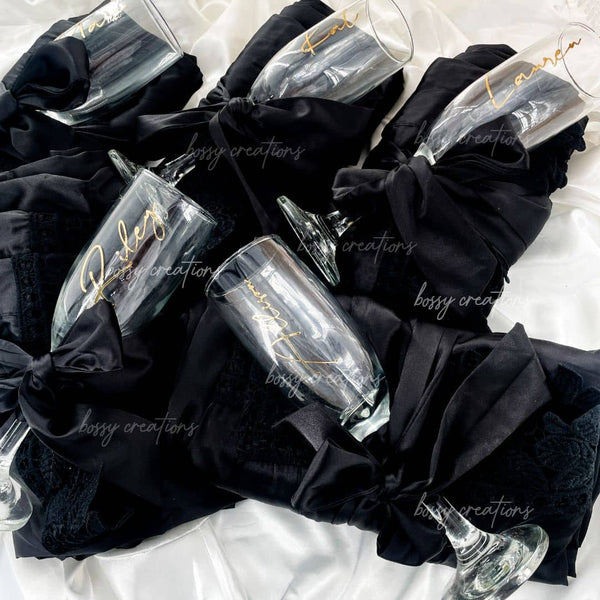 Black Bridesmaid Getting Ready Satin Robe with Personalized Custom Champagne Glasses. Modern and Stylish Set. Handmade by Bossy Creations