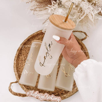 Personalised Glass Tumbler With Wooden Lid & Glass Straw 