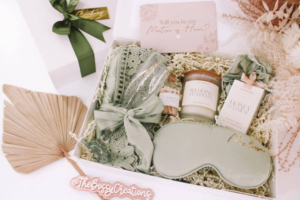 Sage Green Bridesmaid Proposal Box with Satin Robe, Satin Sleep Eye Mask and Scented Candle, Organic Soap, Custom Champagne glass and Hair Scrunchie. Handmade by Bossy Creations