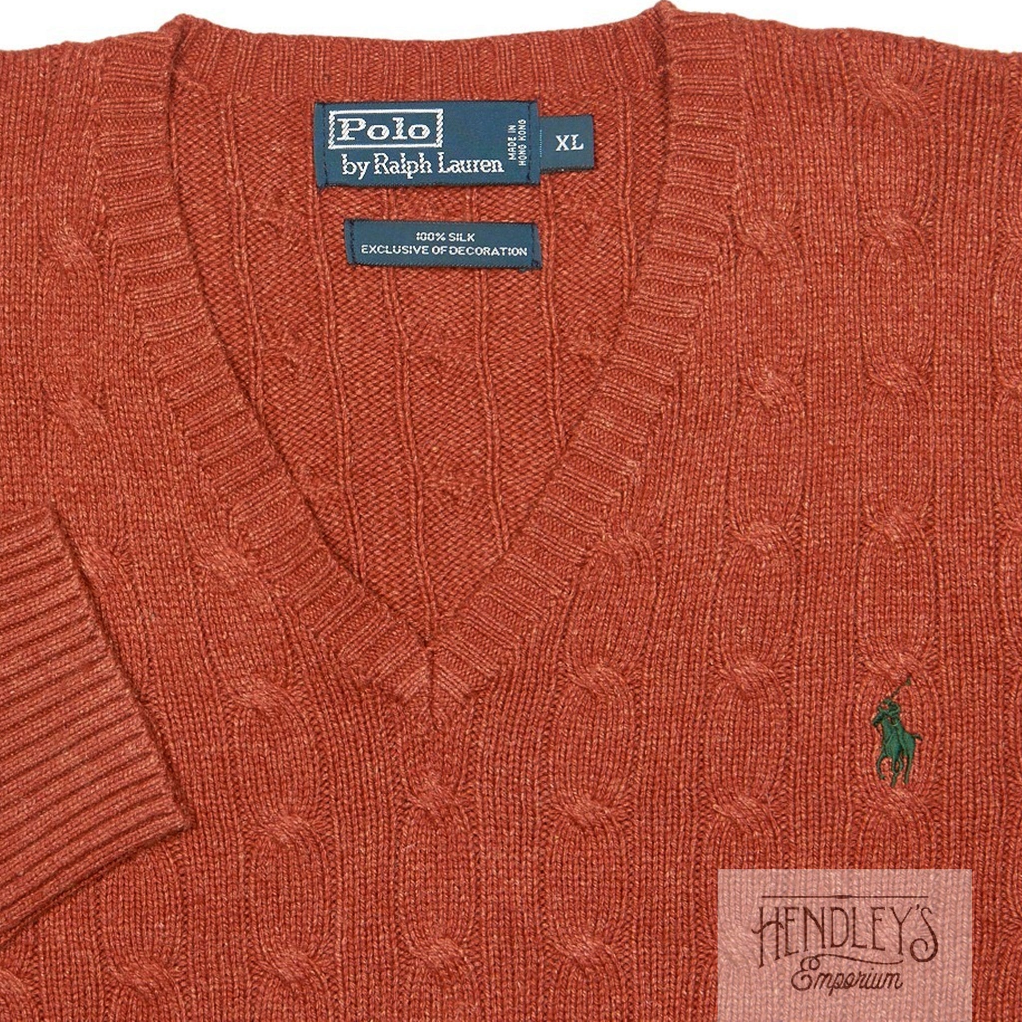Polo Ralph Lauren Cable Knit Sweater XL Rust Orange Marled Silk V-Neck |  HendleysEmporium