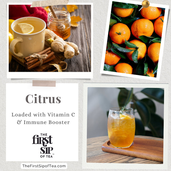 A vibrant image featuring Citrus Tea, a refreshing and healthful infusion. Steaming cup filled with citrus slices, highlighting vitamin C-rich goodness. Embrace the invigorating and immune-boosting properties of Citrus Tea for a revitalizing beverage