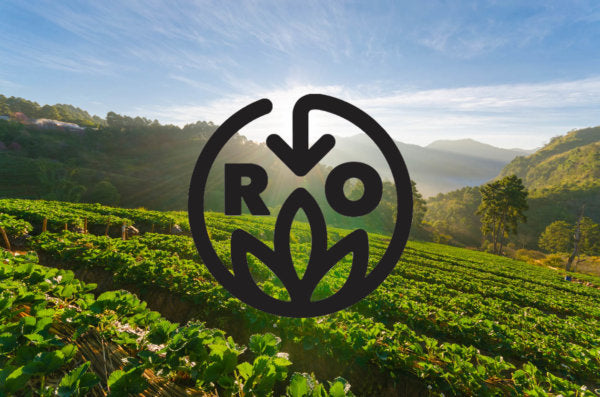 A graphic featuring the Regenerative Organic Certified logo overlayed atop a farm.