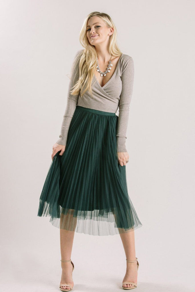 Petite Tulle Midi Skirt Pleated Green 
