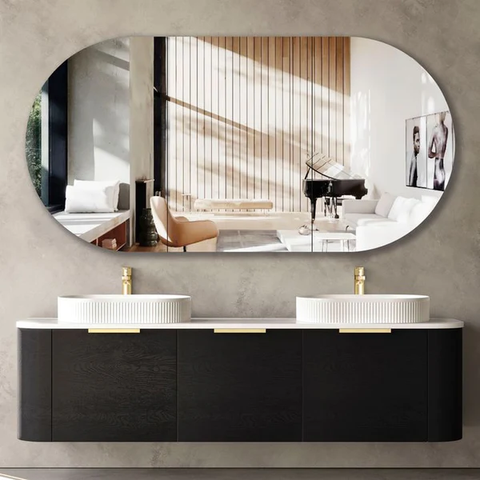 OTTI BONDI BLACK OAK 1800MM CURVE DOUBLE BOWL WALL HUNG VANITY