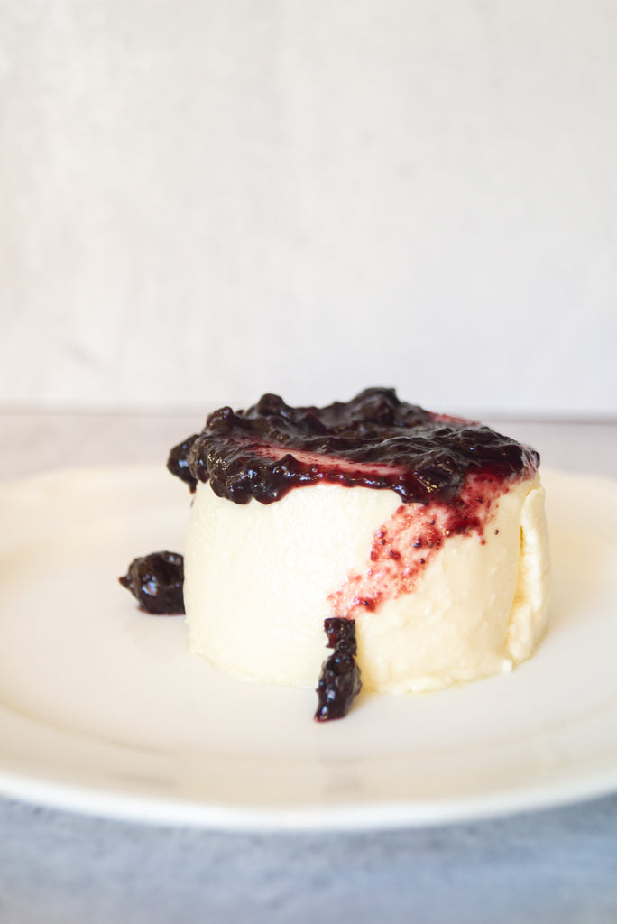 Panna cotta topped with Canopy and Understory wild salal berry spread