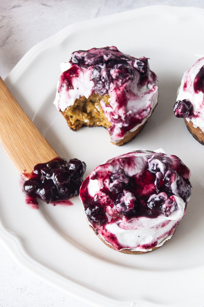 Butternut squash muffins topped with whipped coconut cream and wild salal berry spread