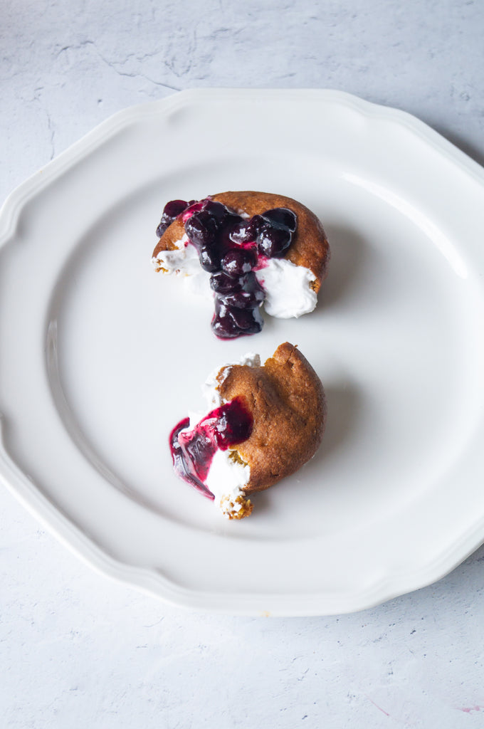 Butternut squash muffins topped with whipped coconut cream and wild salal berry spread