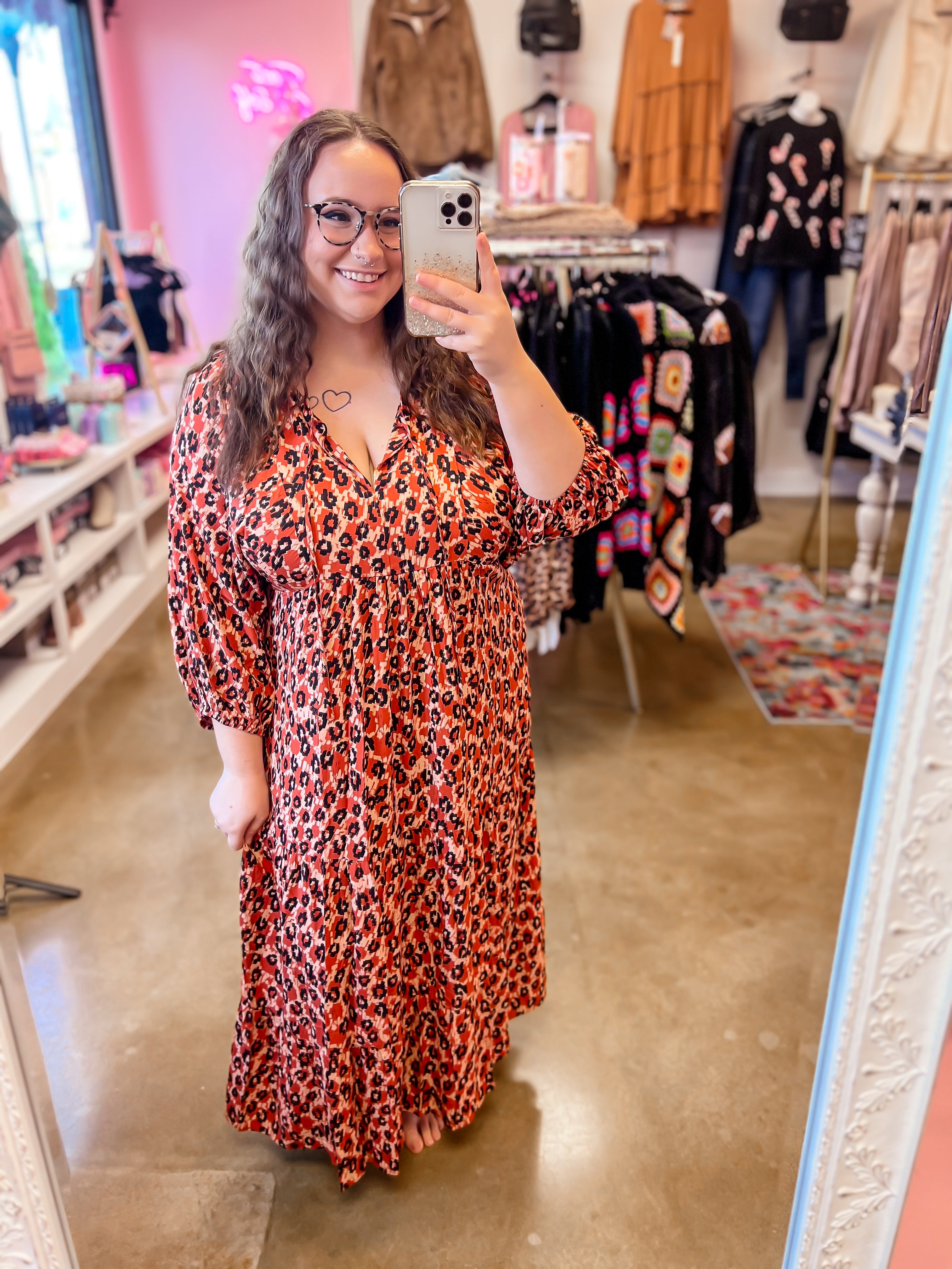 Rust Animal Print Midi Dress