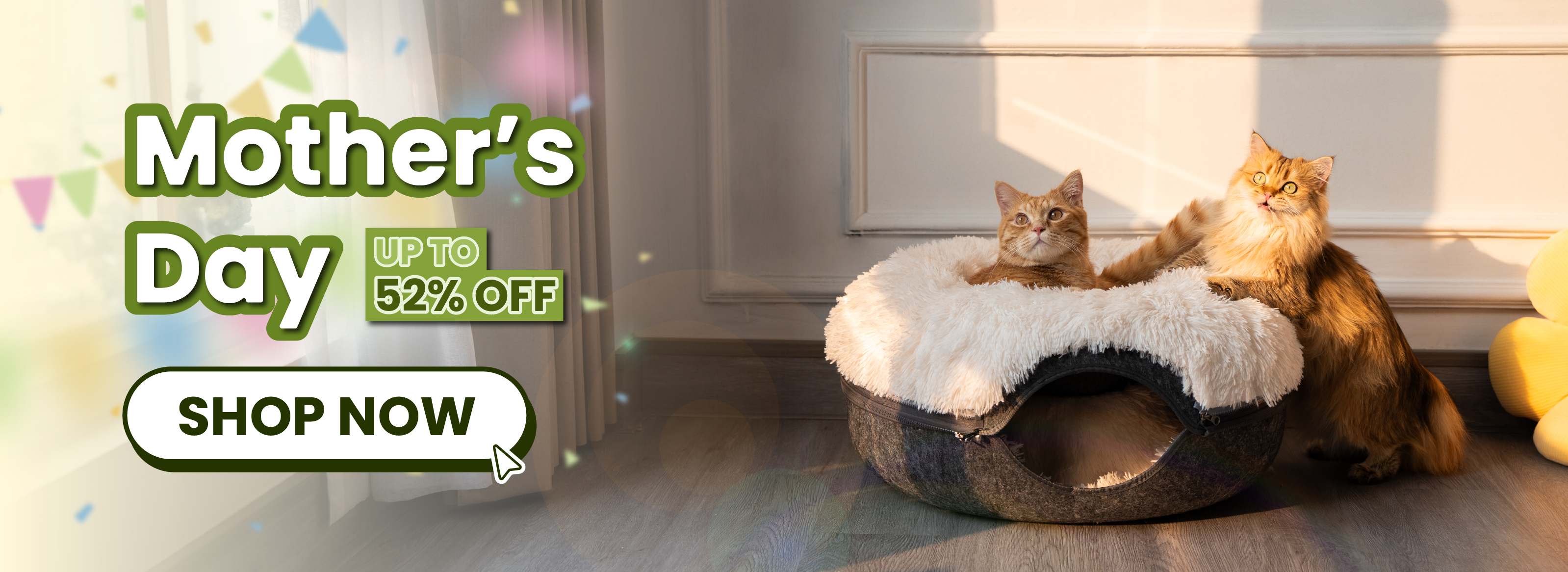 Two cats sitting in a pet bed with a 'Mother's Day Sale' advertisement.