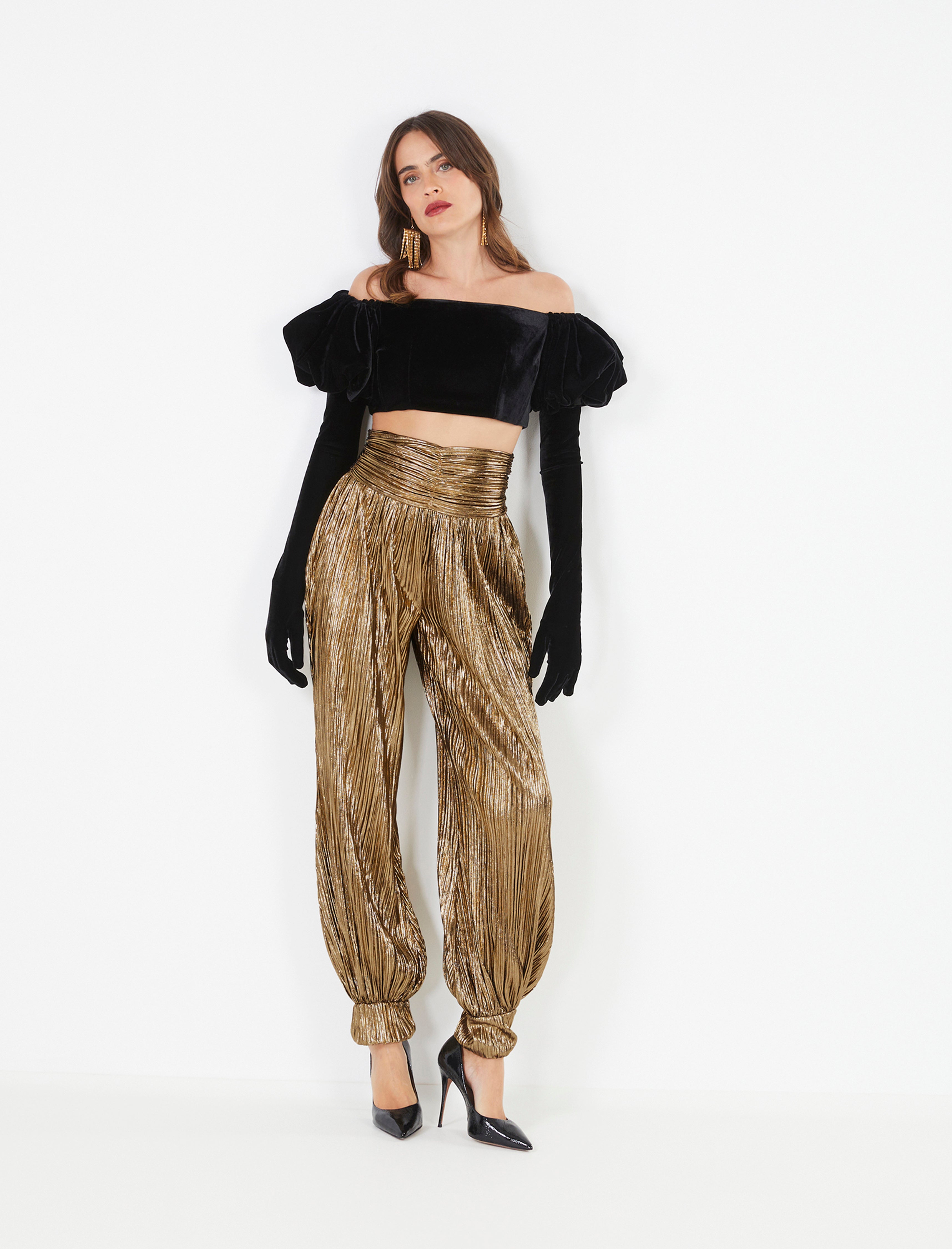 Plus Size Butterfly Metallic Pleated Woven Wide Leg Pants | Karen Millen