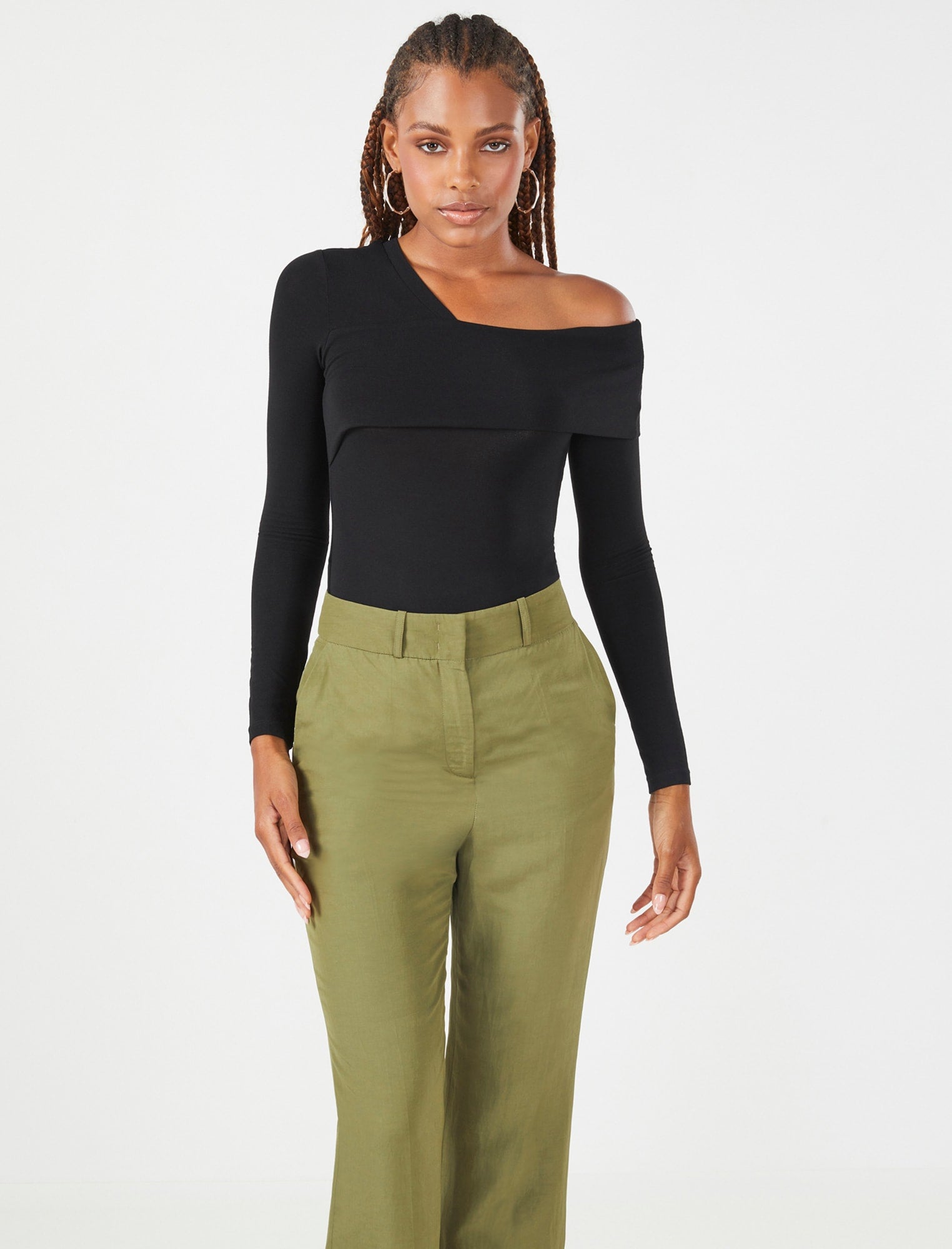 BCBGMAXAZRIA ASYMMETRICAL LONG SLEEVE BODYSUIT