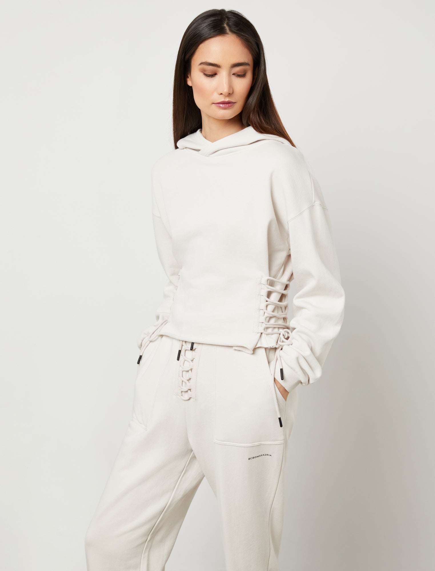 Moon Grey Riley Lace-Up Crop Hoodie | BCBGMAXAZRIA