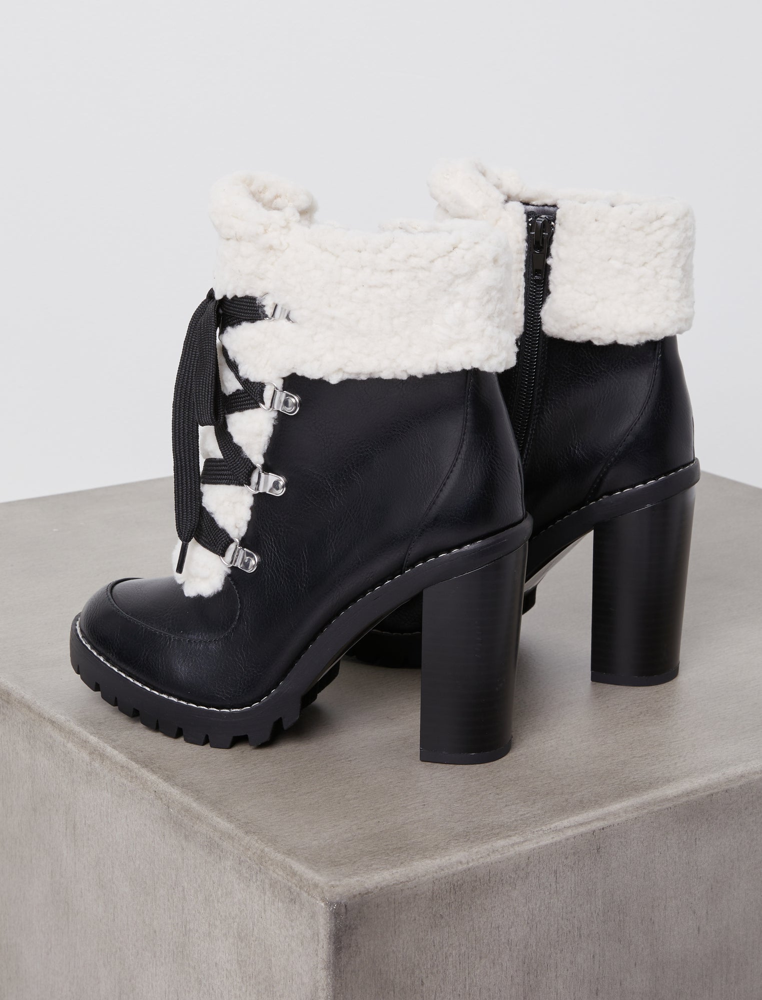 black shearling lace up boots