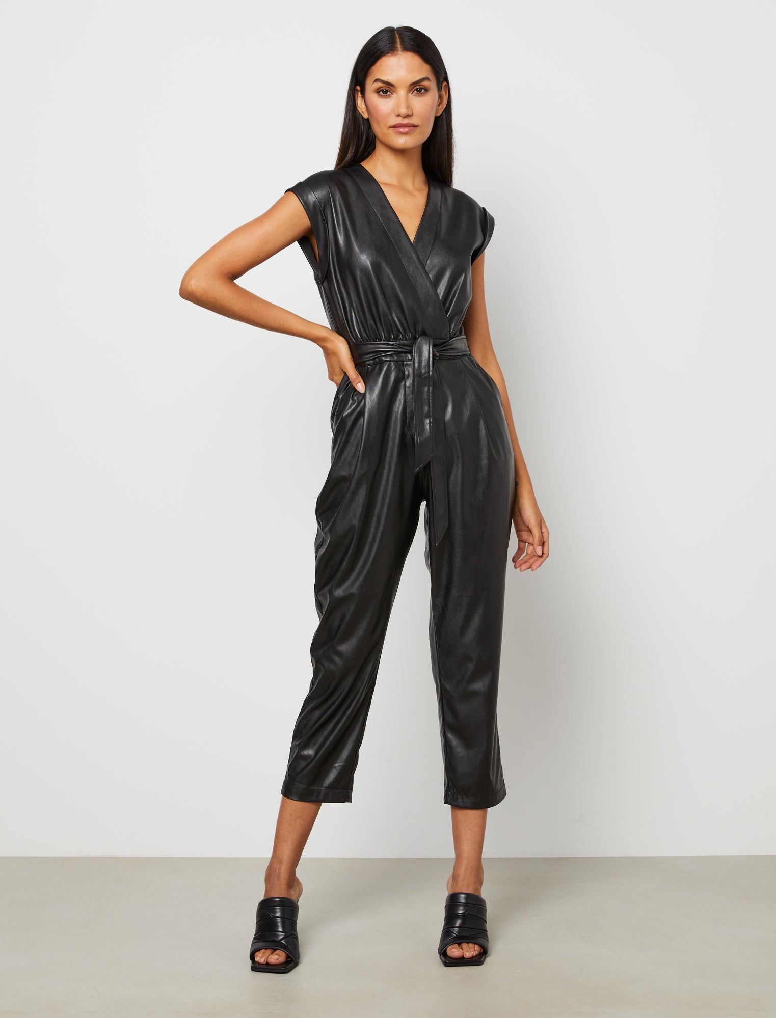 Bcbgmaxazria Womens Faux Leather Surplice Jumpsuit In Black ModeSens