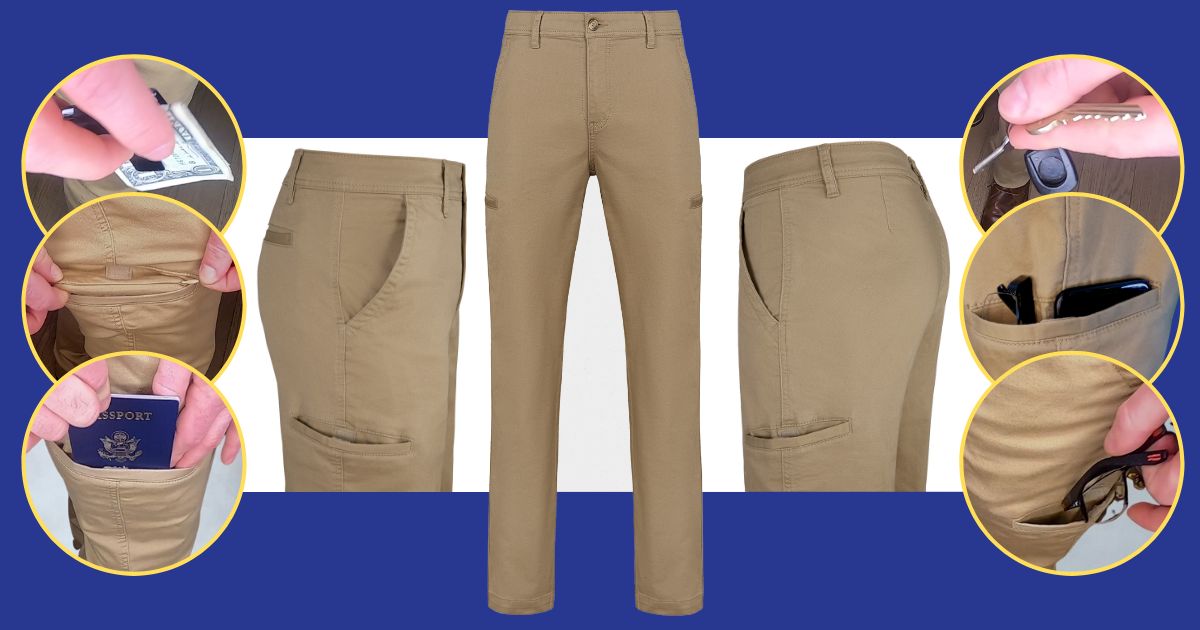 Perfect pocket pants in khaki showing how all the pockets are used for cell phone, glasses, keys, wallet, passport and airpods