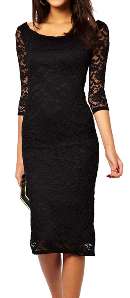 made2envy Boat Neckline 2/3 Sleeves Lace Overlay Evening Midi Dress