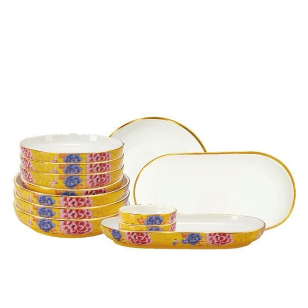 Color King 3636-12S-Y Emperial Peony Plate Set With Golden Rim Yellow | TBM Online