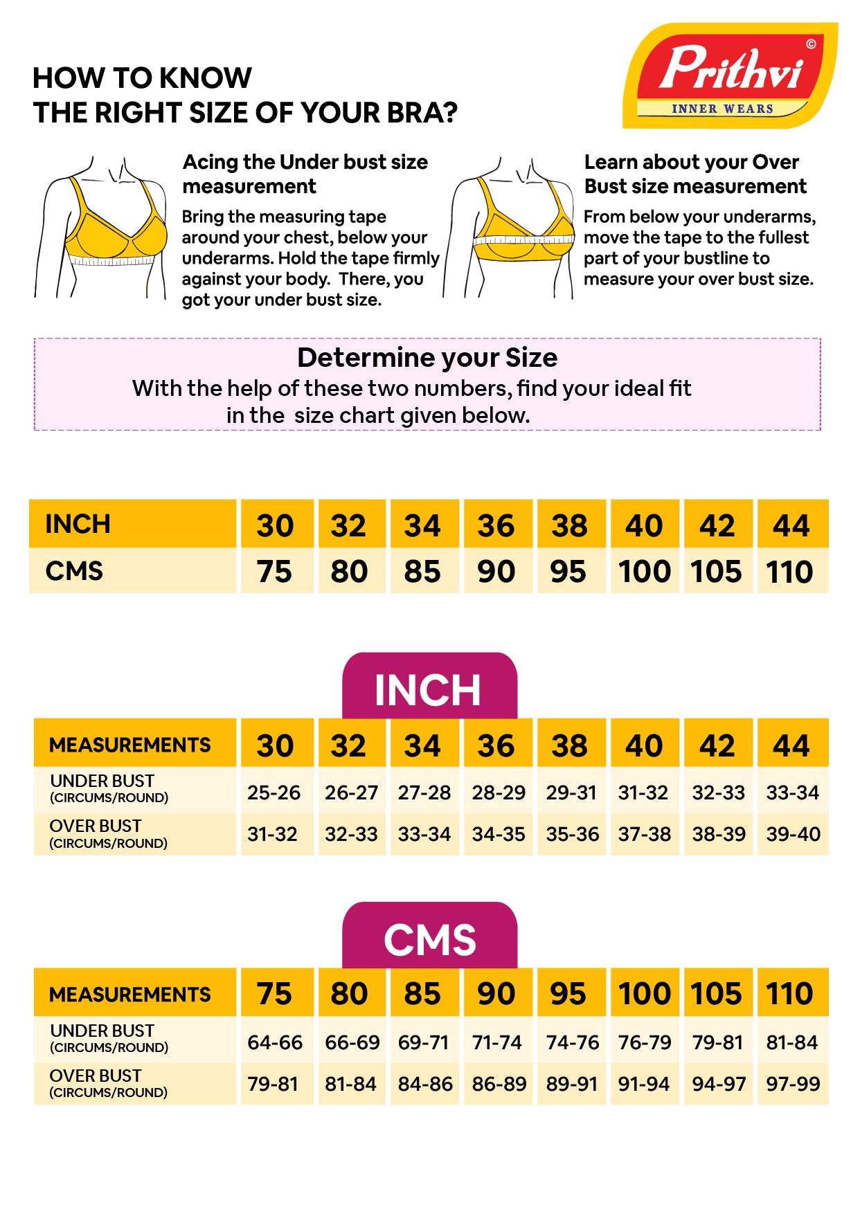 T-Shirt Bra Size Chart – Prithvi innerwears