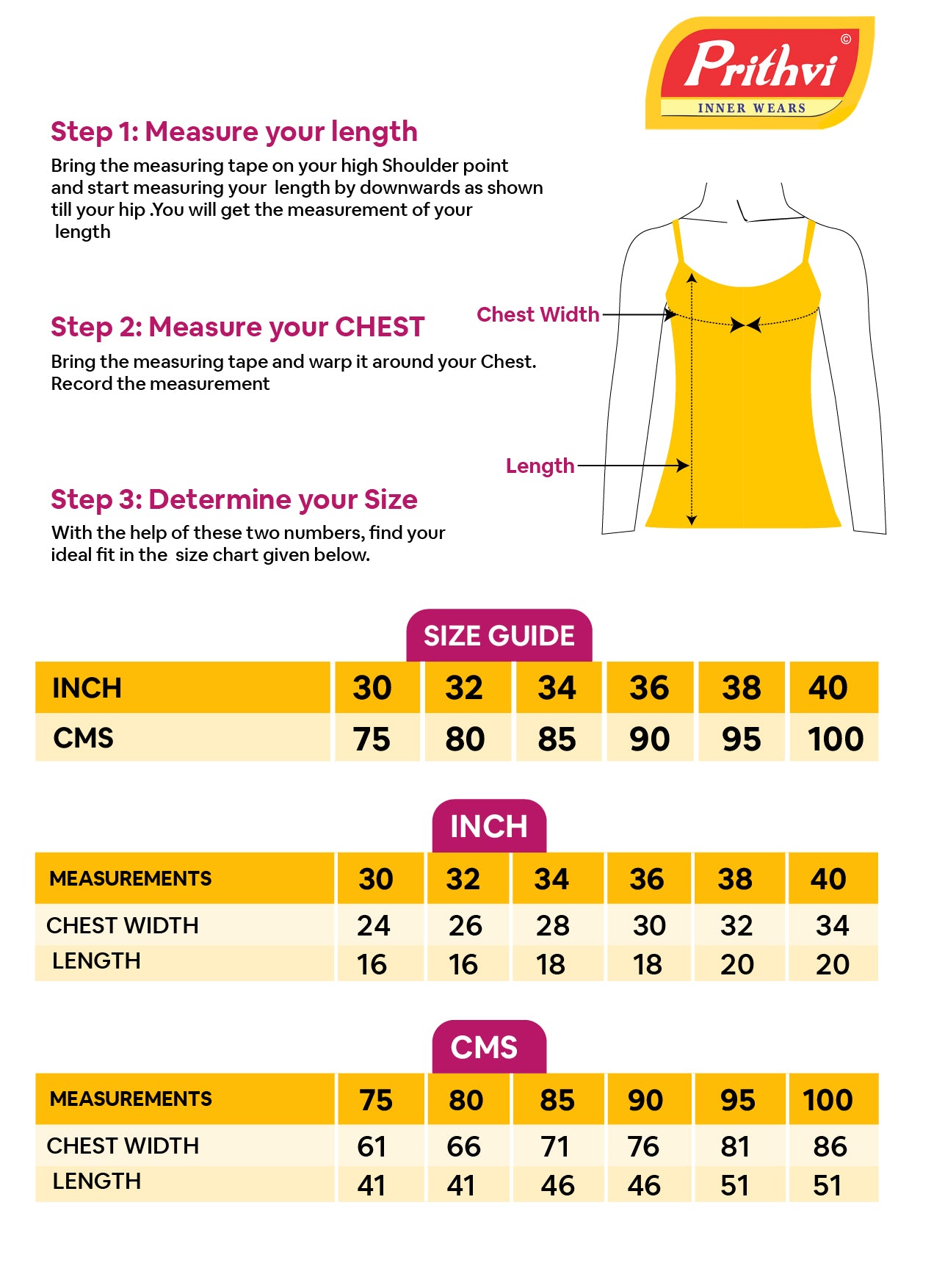 JASMINE Size Chart – Prithvi innerwears
