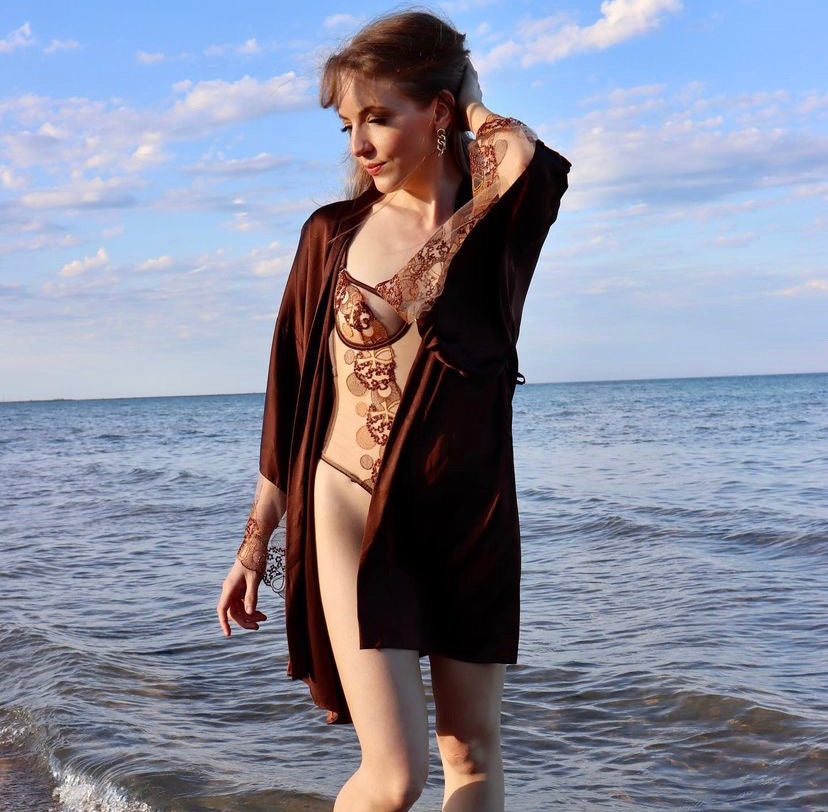 @loungeandlibation in Divine Feminine Emroidered Body with Asase Ya Chocolate Silk Kimono