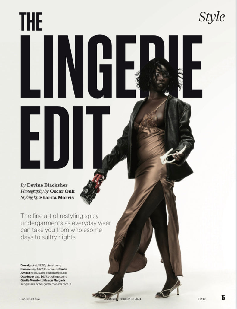 Essence Magazine Jan/ Feb 2024 - The Lingerie Edit featuring Ihuoma, Ma'at Bronze Silk & Embroidery Slip