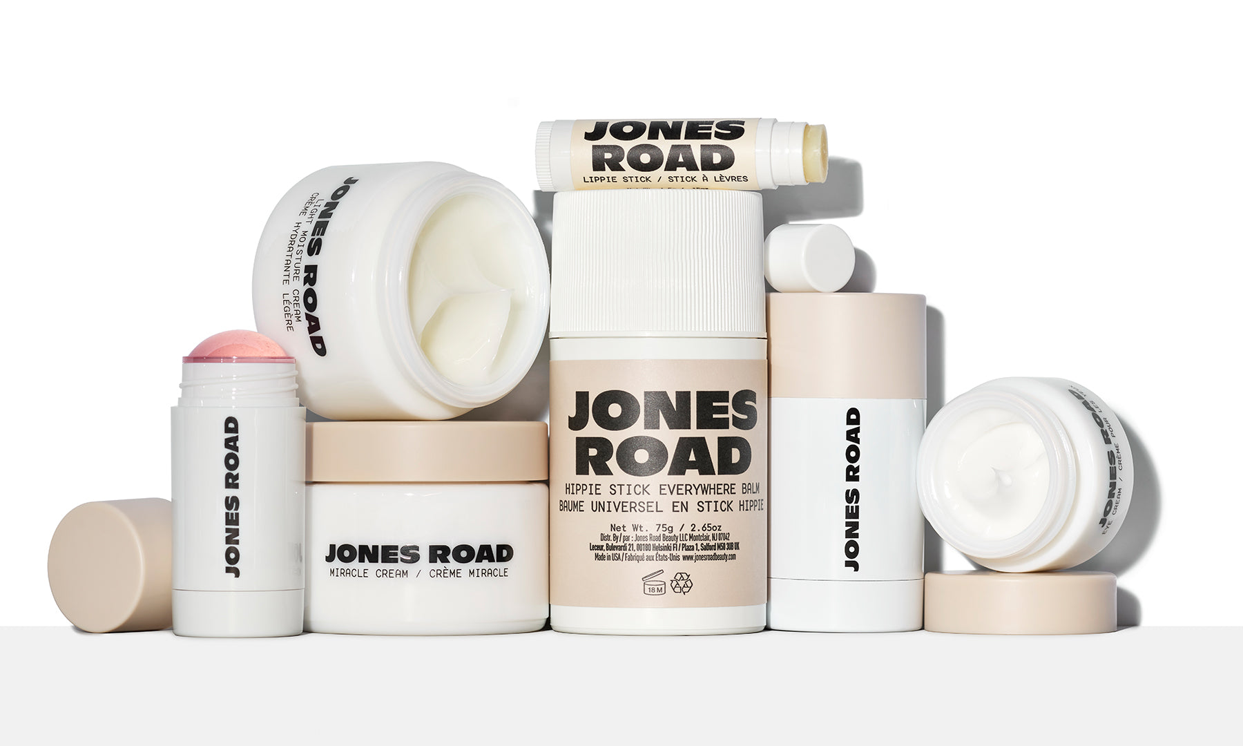 still life photo of jones road beauty skin care collection products