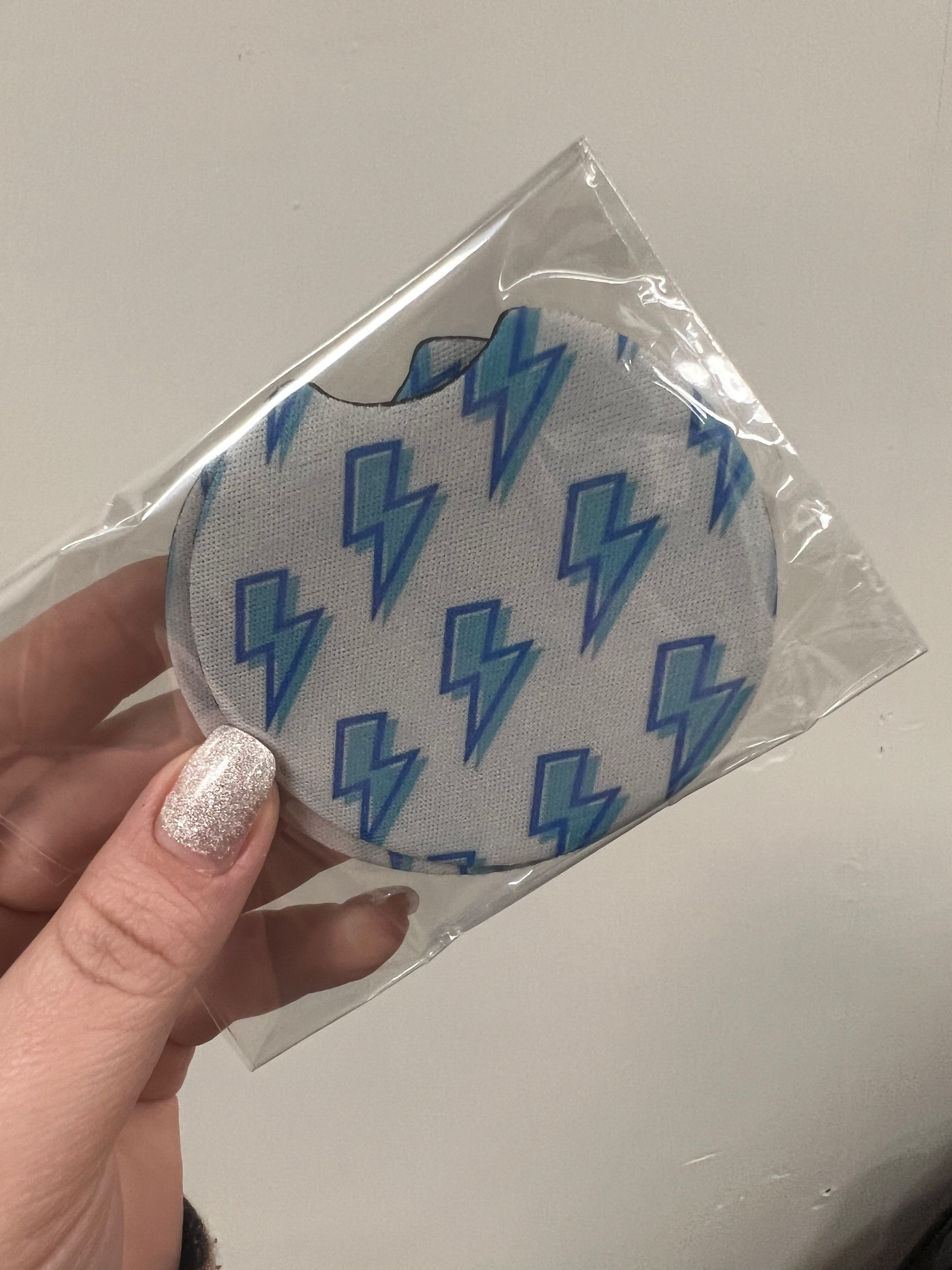 READY TO SHIP! Neoprene Car Coaster Set: Blue Lightning Bolts