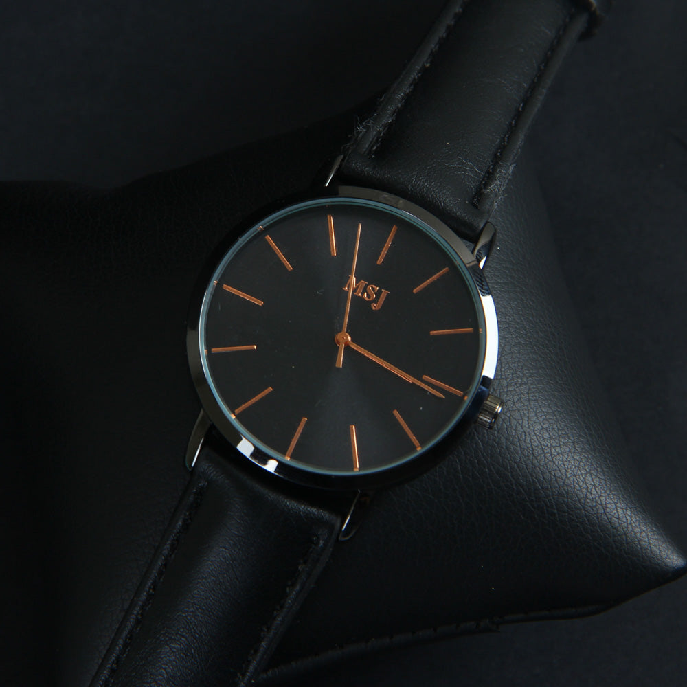 Black Leather Strap Black Dial Fashion MJ209 Wrist Watch