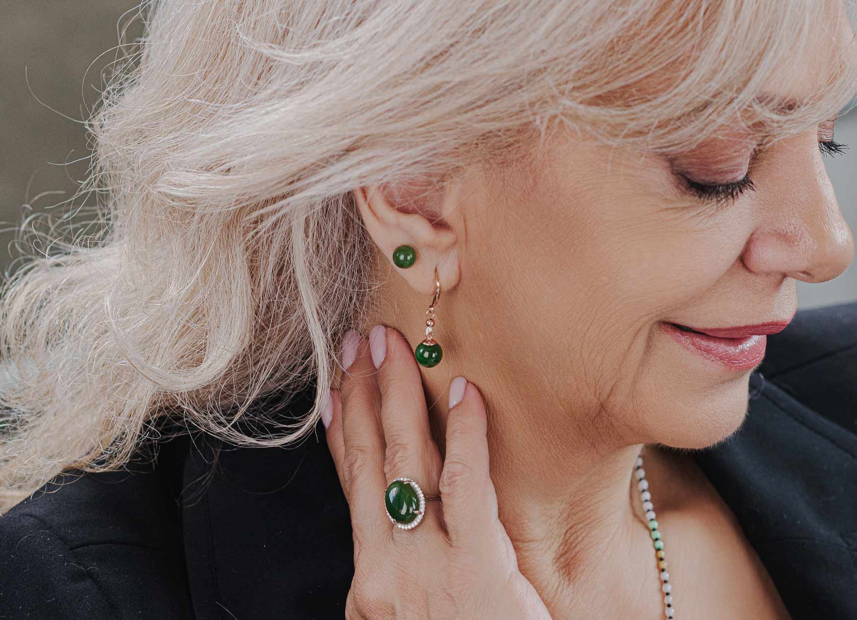 Beautiful Elder Lady Wearing Natural Nephrite Jade Jewelry By RealJade® Co.