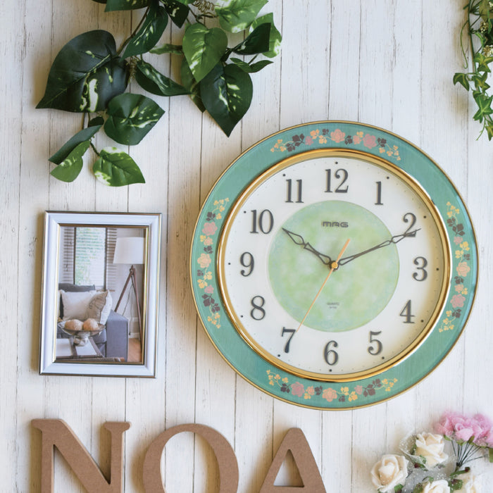 掛け時計 グリーン 連続秒針 時計 ローズ とけい クロック 緑 花柄 ヨーロピアン ウォールクロック 洋風 壁掛け時計 壁掛時計 壁かけ時 タンスのゲン