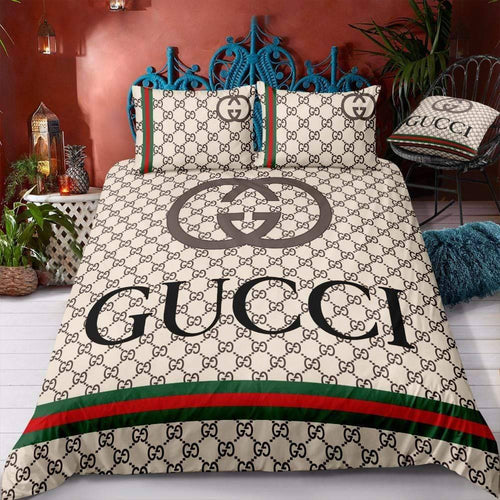 Gucci x Mickey Mouse Big Logo With Vintage Web In Signature Beige Monogram  Background Bedding Set King - Mugteeco