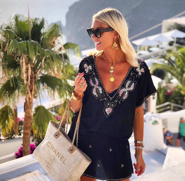 Anna Skoog wearing Black Kaftan Dress by Lindsey Brown luxury resortwear 