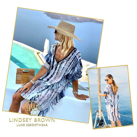 Anna Mavridis wears Lindsey Brown resort wear Tie Dye kaftan dress in Santorini