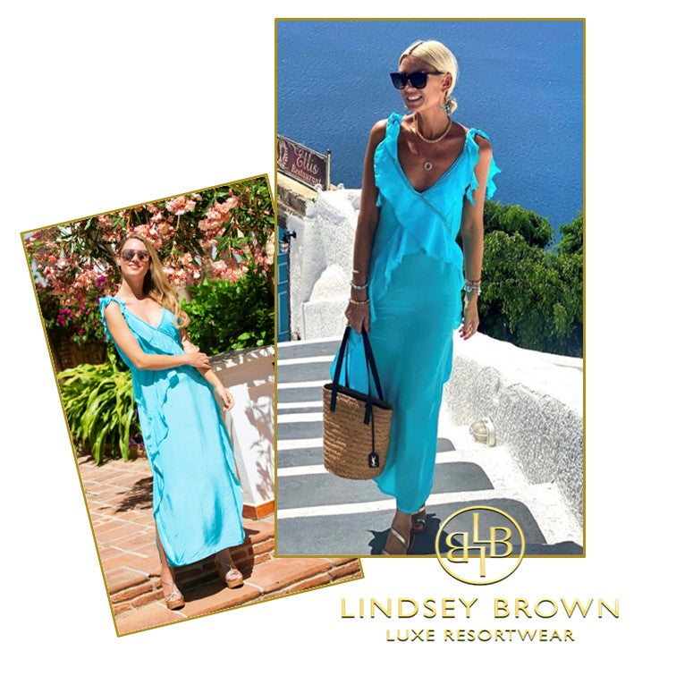 Stunning Turquoise Blue Silk Maxi Dress worn by Anna Mavridis in Santorini