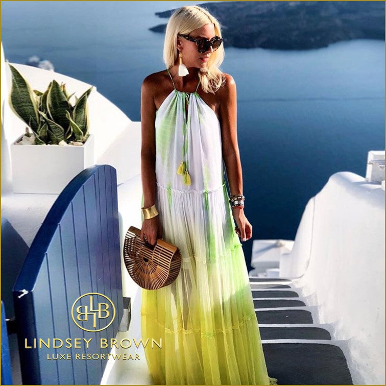 Anna Mavridis wears Lemon Lime Tie Dye Silk Maxi Dress by Lindsey Brown Resort Wear