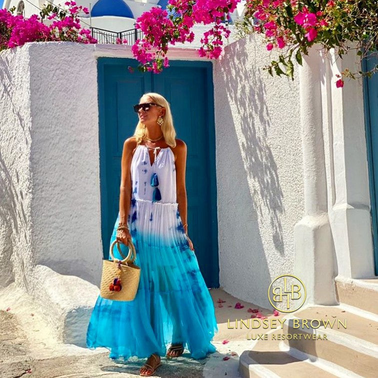 Anna Mavridis wears turqoise silk maxi dress on holiday in Santorini by Lindsey Brown resort wear 