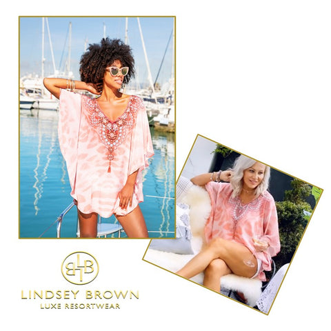 Kazz Style wearing Pink Calypso Top & White shorts Designed by Lindsey Brown Resortwear