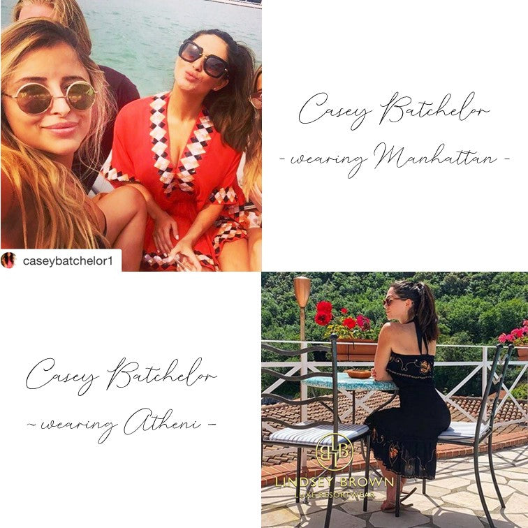 Casey Batchelor wears lindsey brown resort wear silk kaftans