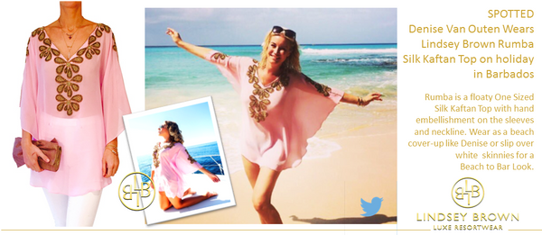 Denise Van Outen wears Stunning Pink Kaftan top in Barbados. Shop the Pink Kafatn Denise Van Outen wore