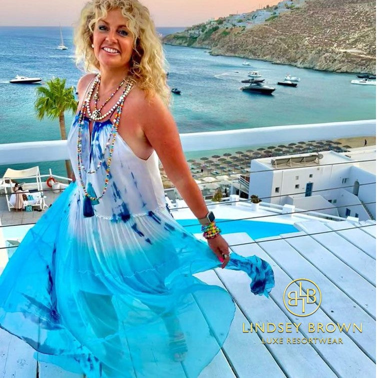 Turquoise silk maxi dress to wear in Greece by Lindsey Brown resort wear
