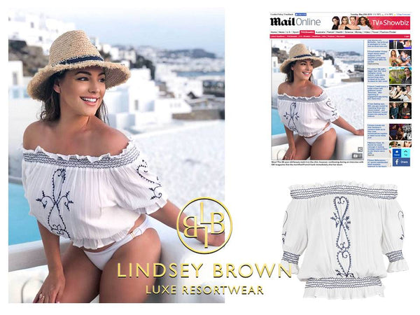 #KellyBrook wears White Bardot Top by LindseyBrown Resort wear  in Mykonos 