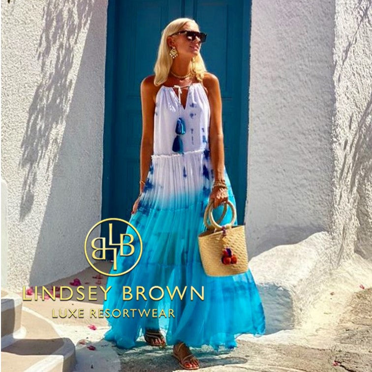 Mamma Mia blue white holiday dresses to wear on holiday by Lindsey Brown luxury resort wear