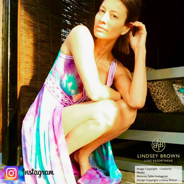 Melanie Sykes wearing the lavender Martinique dress on holiday in India