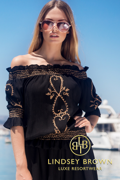 This pretty bardot style off shoulder tops is new style for Lindsey Brown luxury resort wear