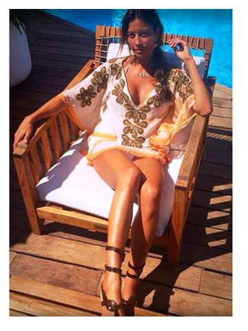 Model and Presenter Melanie Sykes looks stunning in our Silk Rumba Kafatn Top 