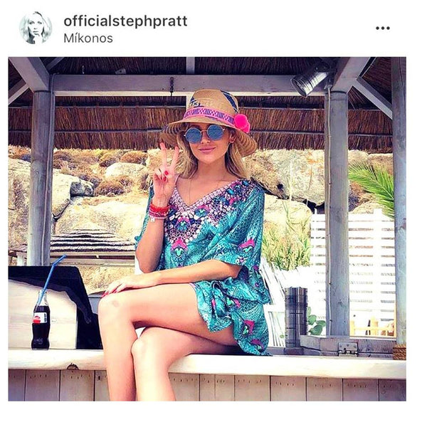 Stephanie Pratt wears LindseyBrown Crete Designer Kaftan 