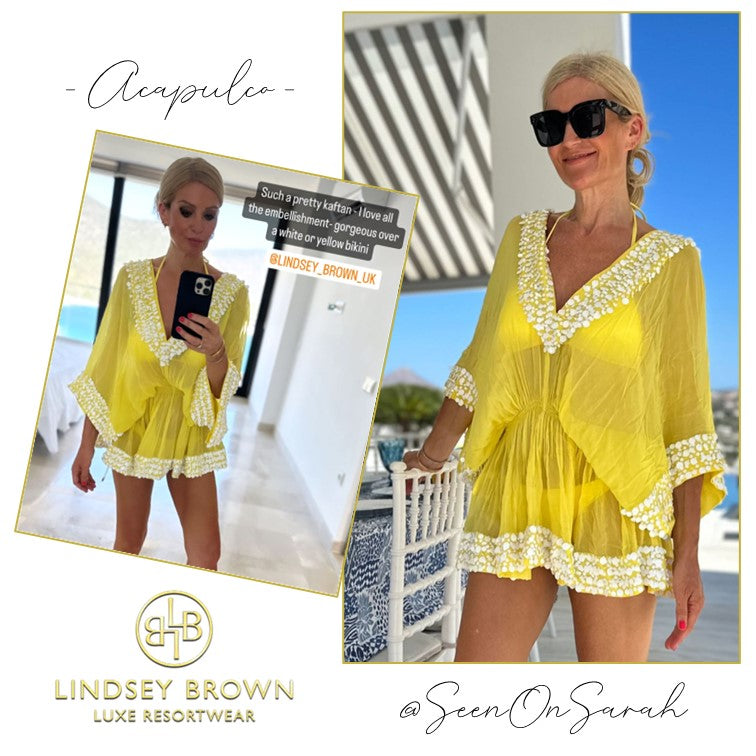 Yellow silk short kaftan desigend by lindsey brown resort wear worn by SeenOnSarah